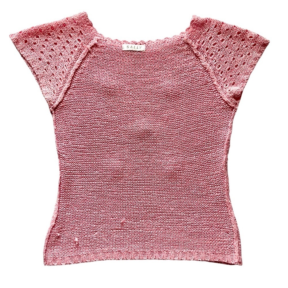 Pink Hand Knit Cap Sleeve Crew Neck Stretch Top SzS - Picture 10 of 10